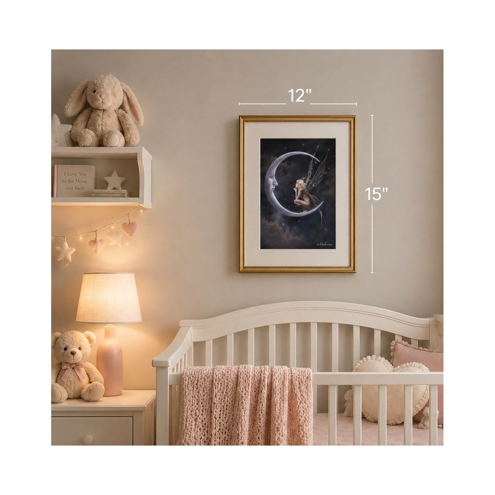 Delamare 90s Fairy on Moon Framed Fantasy Art Print Gold Frame 12x15 Celestial